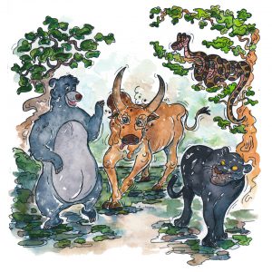 Illustration à l'aquarelle dessin humoristique l'ivre de la jungle