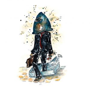 Dessin humoristique homme avec tête de sardine illustration à l'aquarelle