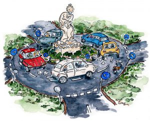 Illustration à l'aquarelle dessin humoristique rond-point avec voitures