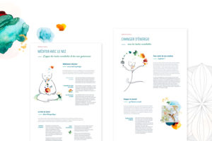 Maquettes pour page site internet avec illustrations et touches d'aquarelle autour de l'Aromathérapie sensorielle