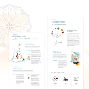 Maquettes pour page site internet avec illustrations et touches d'aquarelle autour de l'Aromathérapie sensorielle